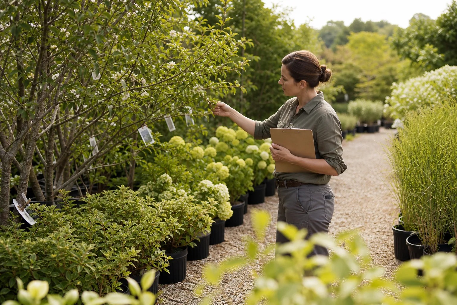 Fictional landscape designer selecting plant material