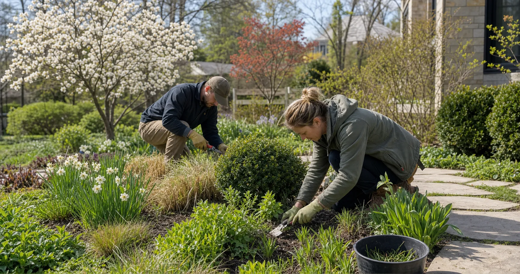 Fictional gardeners editing a spring border